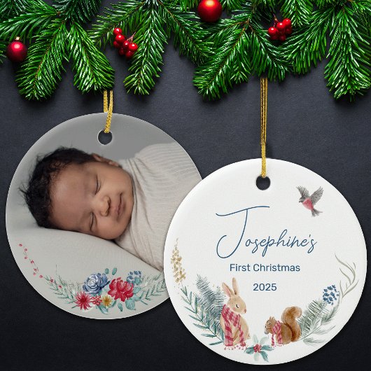 First Christmas Woodland Animal Baby Foto Keramik Ornament