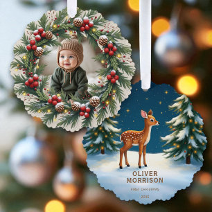 First Christmas Woodland Baby Deh Personalisiert Ornament Karte