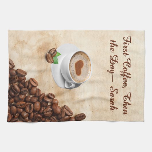 First Coffee, Then the Day – Sarah Kitchen Towel Geschirrtuch (Horizontal)
