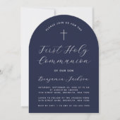 First Communion Arch Navy Blue Simple Script Boy Einladung (Vorderseite)