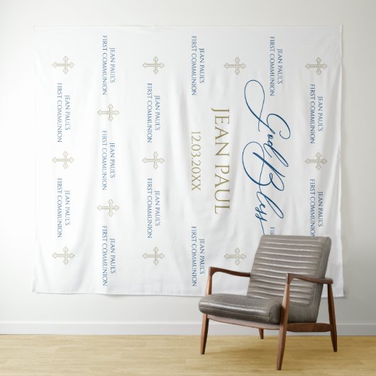 First Communion banner backdrop blue and gold Wandteppich (Beispiel (Horizontal))