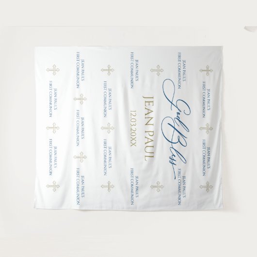 First Communion banner backdrop blue and gold Wandteppich (Vorderseite (Horizontal))
