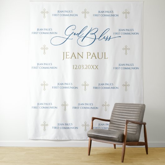 First Communion banner backdrop blue and gold Wandteppich (Beispiel)