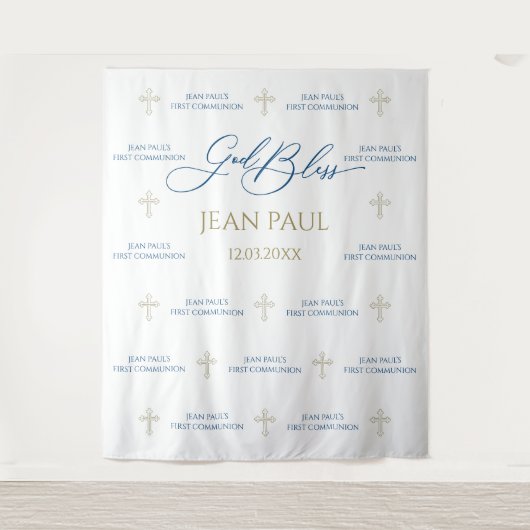 First Communion banner backdrop blue and gold Wandteppich (Vorderseite)