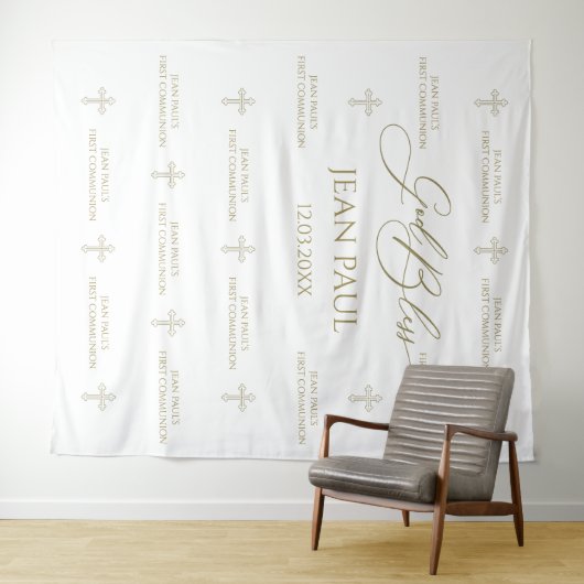 First Communion banner backdrop gold Wandteppich (Beispiel (Horizontal))