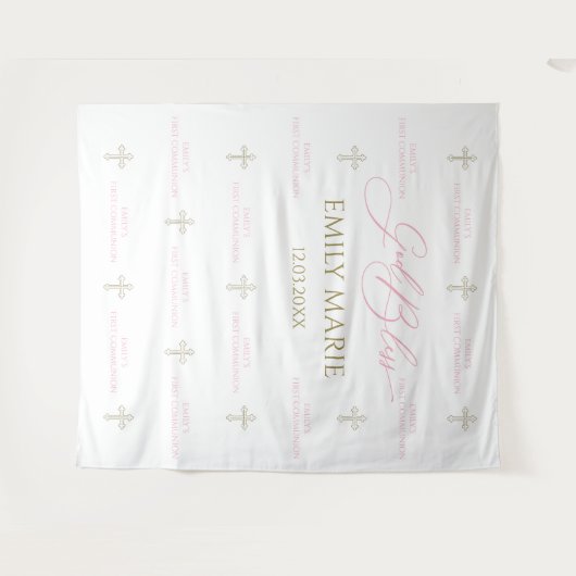 First Communion banner backdrop pink and gold Wandteppich (Vorderseite (Horizontal))