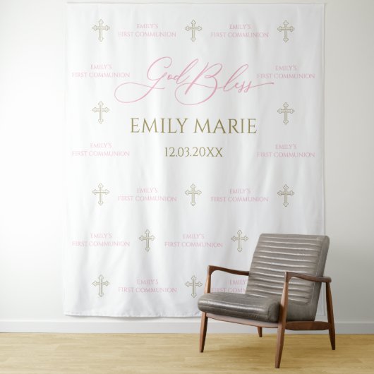 First Communion banner backdrop pink and gold Wandteppich (Beispiel)