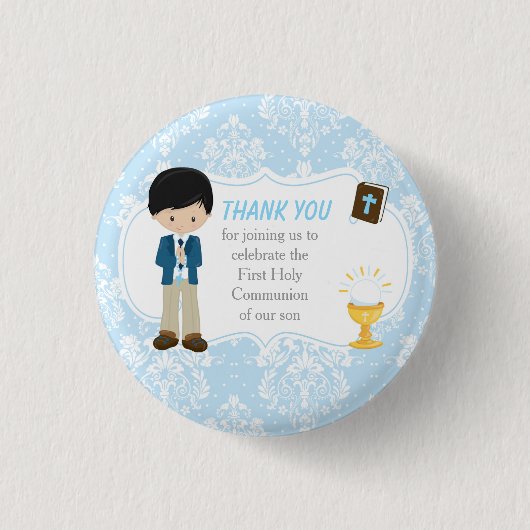 First Communion Black Hair Boy Danke Button (Vorderseite)