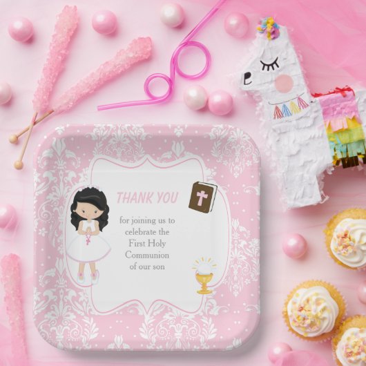 First Communion Black Hair Girl Danke Pappteller (Party)