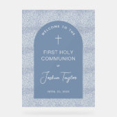 First Communion Blue Arch Floral Pattern Welcome Acrylschild (Vorderseite)