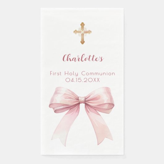 First Communion blush pink bow cross Serviette (Vorderseite)