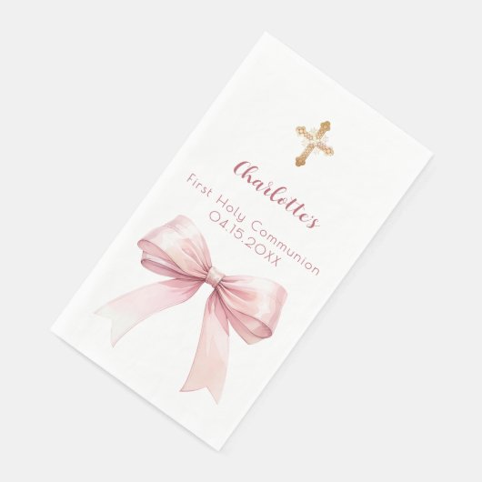 First Communion blush pink bow cross Serviette (Ecke)