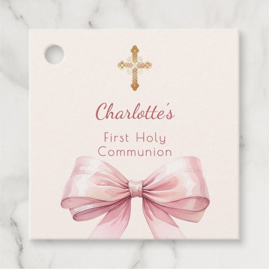 First Communion blush pink bow ivory cross DIY Geschenkanhänger (Vorderseite)
