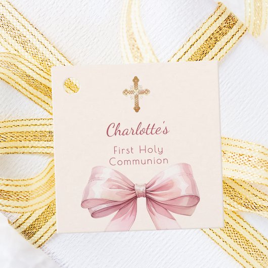 First Communion blush pink bow ivory cross DIY Geschenkanhänger