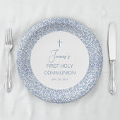 First Communion Boy Blue and White Floral Pattern Pappteller