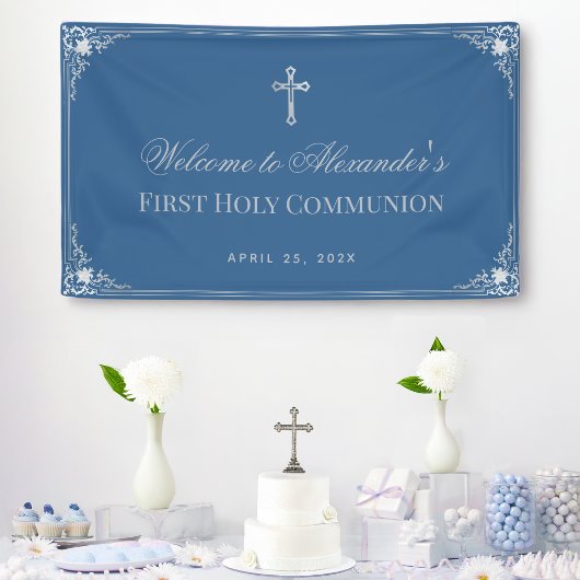 First Communion Boy Classic Blue Elegante Cross Banner