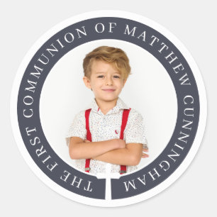 First Communion Boy Custom Foto & Simple Cross Runder Aufkleber