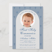 First Communion Boy Foto Dusty Blue Arch Modern Einladung (Vorderseite)