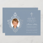First Communion Boy Foto Dusty Blue Imitats Silver Einladung (Vorne/Hinten)