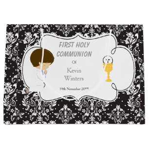 First Communion Brünett Boy Black Damask Große Geschenktüte