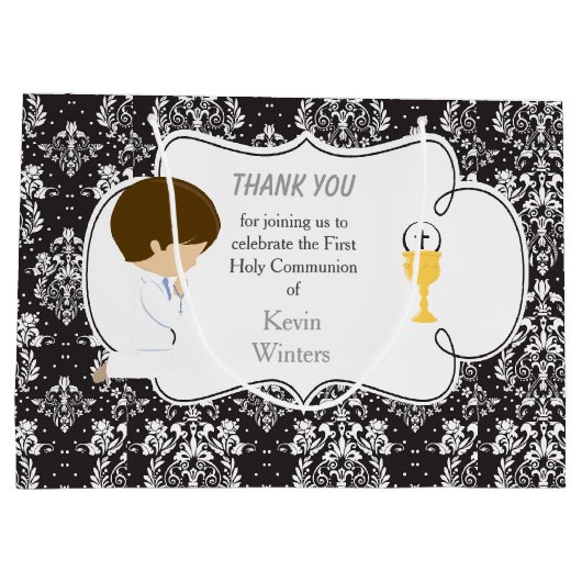First Communion Brünett Boy Black Damask Große Geschenktüte (Rückseite)