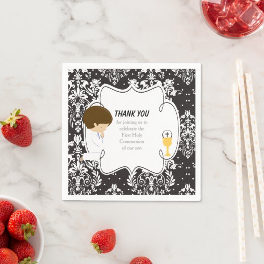 First Communion Brünett Boy Black Damask Serviette (Beispiel)