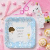 First Communion Brünett Boy Blue Damask Pappteller (Party)