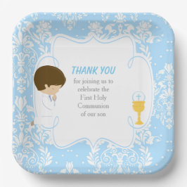 First Communion Brünett Boy Blue Damask Pappteller