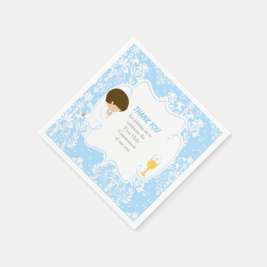 First Communion Brünett Boy Blue Damask Serviette (Ecke)