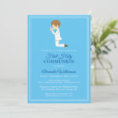 First Communion Brünett Boy Blue Einladung (Stehend Vorderseite)