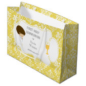 First Communion Brünett Boy Gold Damask Große Geschenktüte (Vorderseite Schrägansicht)