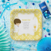 First Communion Brünett Boy Gold Damask Pappteller (Party)