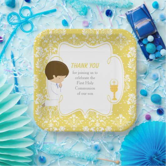 First Communion Brünett Boy Gold Damask Pappteller (Party)