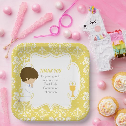 First Communion Brünett Boy Gold Damask Pappteller (Party)