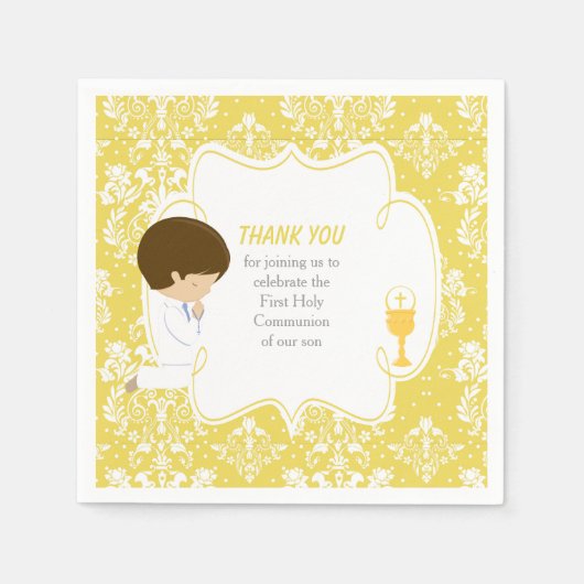 First Communion Brünett Boy Gold Damask Serviette (Vorderseite)