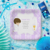 First Communion Brünett Boy Lila Damask Pappteller (Party)