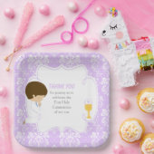First Communion Brünett Boy Lila Damask Pappteller (Party)
