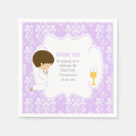 First Communion Brünett Boy Lila Damask Serviette