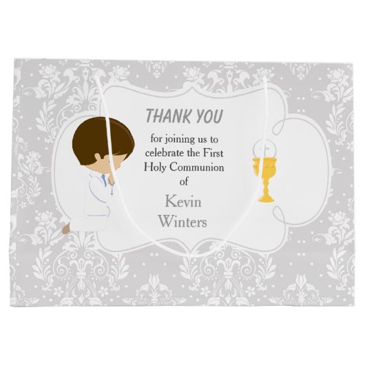 First Communion Brünett Boy Silver Damask Große Geschenktüte (Rückseite)