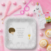 First Communion Brünett Boy Silver Damask Pappteller (Party)