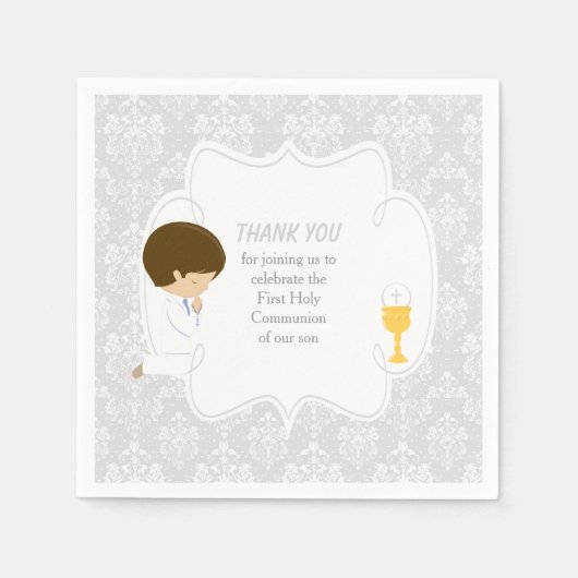 First Communion Brünett Boy Silver Damask Serviette (Vorderseite)