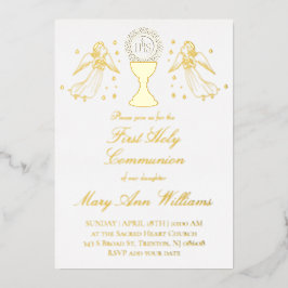 First Communion catholic girl golden angels design Folieneinladung