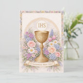 First Communion Chalice Host Floral Einladung (Stehend Vorderseite)