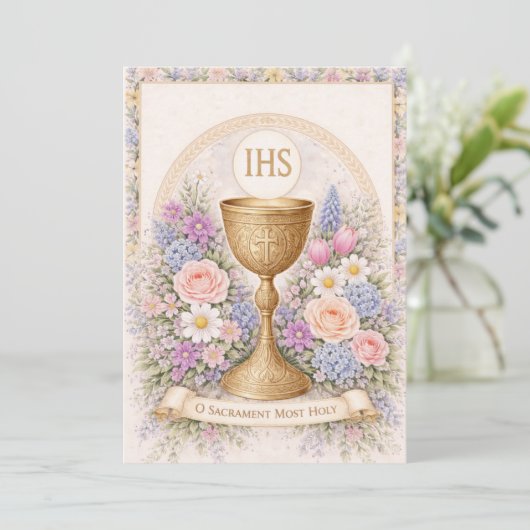 First Communion Chalice Host Floral Einladung (Stehend Vorderseite)
