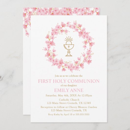 First Communion Cherry Blossom floral Invitation  Einladung (Vorne/Hinten)