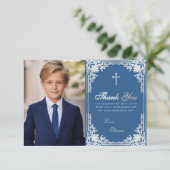 First Communion Classic Blue Boy Foto Vintag Dankeskarte (Stehend Vorderseite)