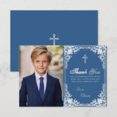 First Communion Classic Blue Boy Foto Vintag Dankeskarte (Vorne/Hinten)