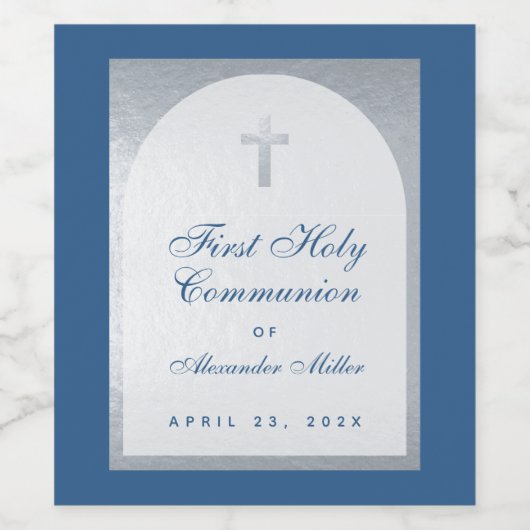 First Communion Classic Blue Imitats Silver Arch B Weinetikett (Einzelnes Label)