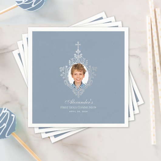 First Communion Dusty Blue Elegant Boy Foto Serviette