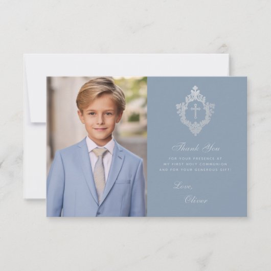 First Communion Dusty Blue Elegant Boy Foto Wappen Dankeskarte (Vorderseite)